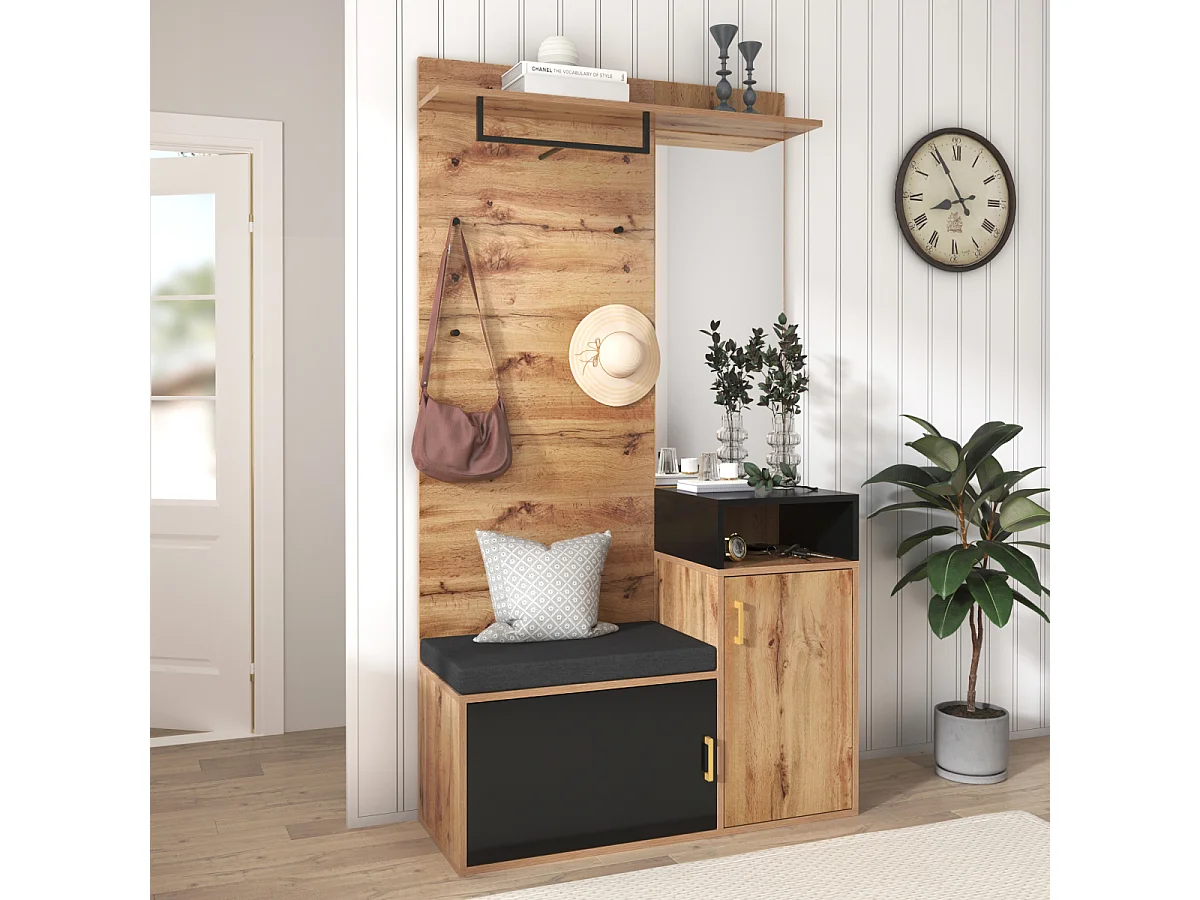 Garderobeset met 4 haken, spiegel, schoenenkast, wandrek, plank, bank. (Boren vereist)