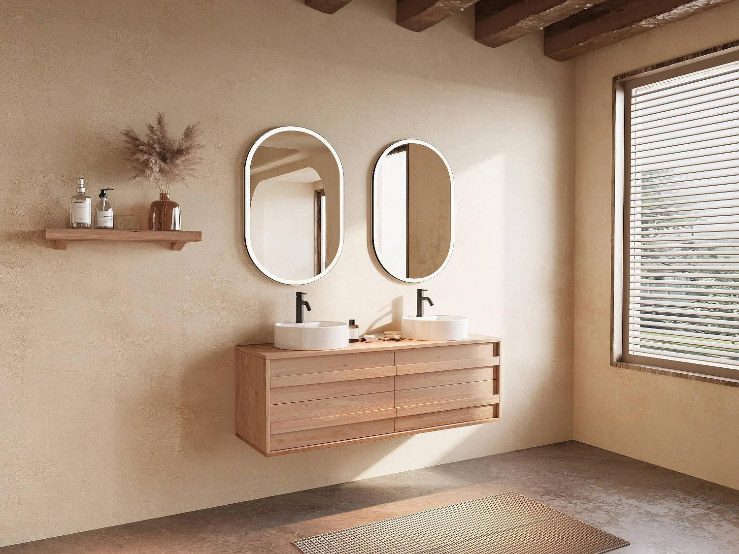 Hängender Unterschrank aus Massivholz Eiche mit rundem Aufsatzbecken, Armatur und Spiegel - Hell Natur - 150 cm - SARLO