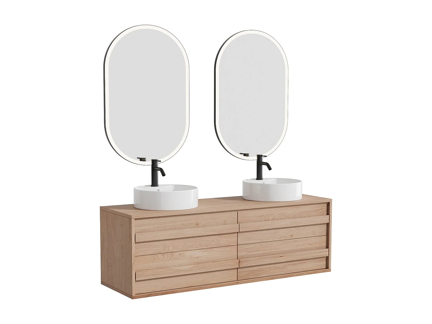 Hängender Unterschrank aus Massivholz Eiche mit rundem Aufsatzbecken, Armatur und Spiegel - Hell Natur - 150 cm - SARLO