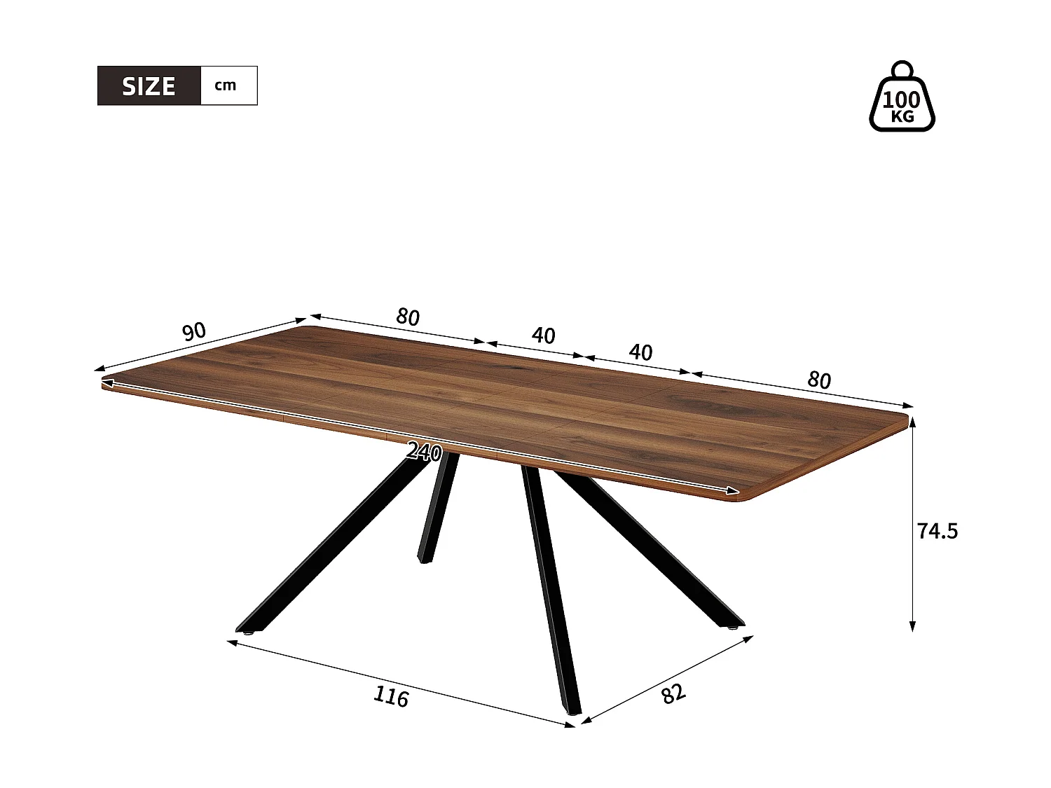 Table à manger extensible - 160/200/240 x 90 x 74.5 cm - pour 6 à 10 personnes - pieds en métal - MDF - marron