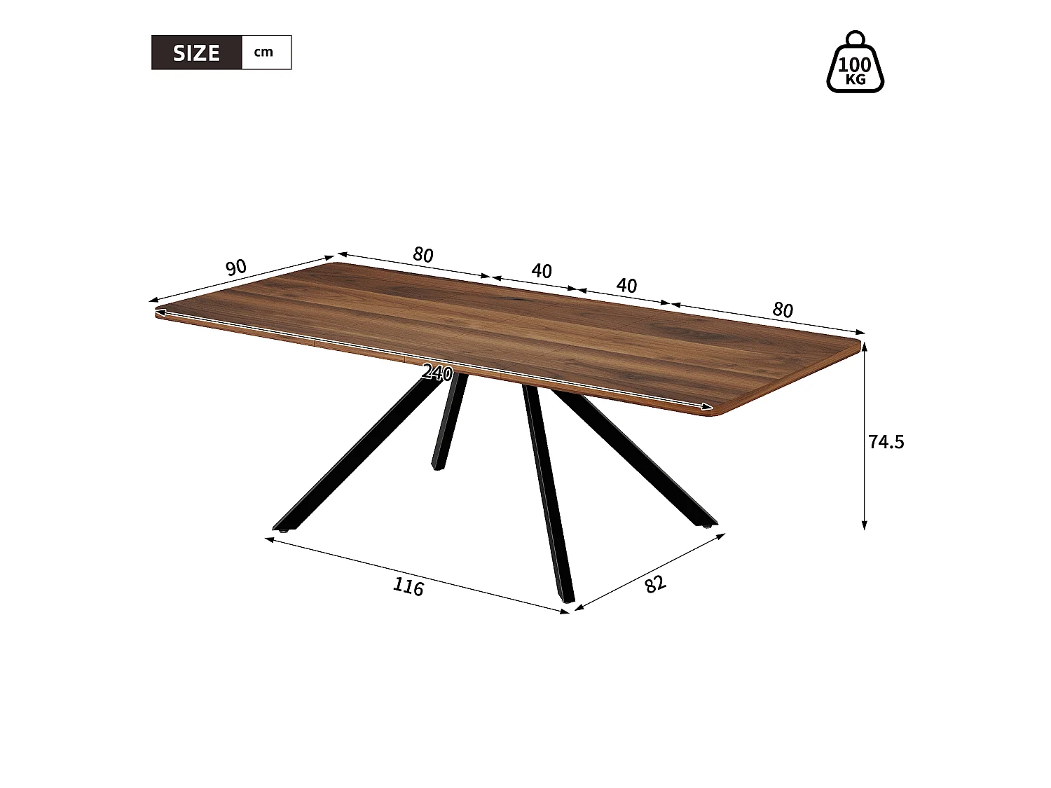 Ausziehbarer Esstisch – 160/200/240 x 90 x 74,5 cm – für 6 bis 10 Personen – Metallbeine – MDF – braun