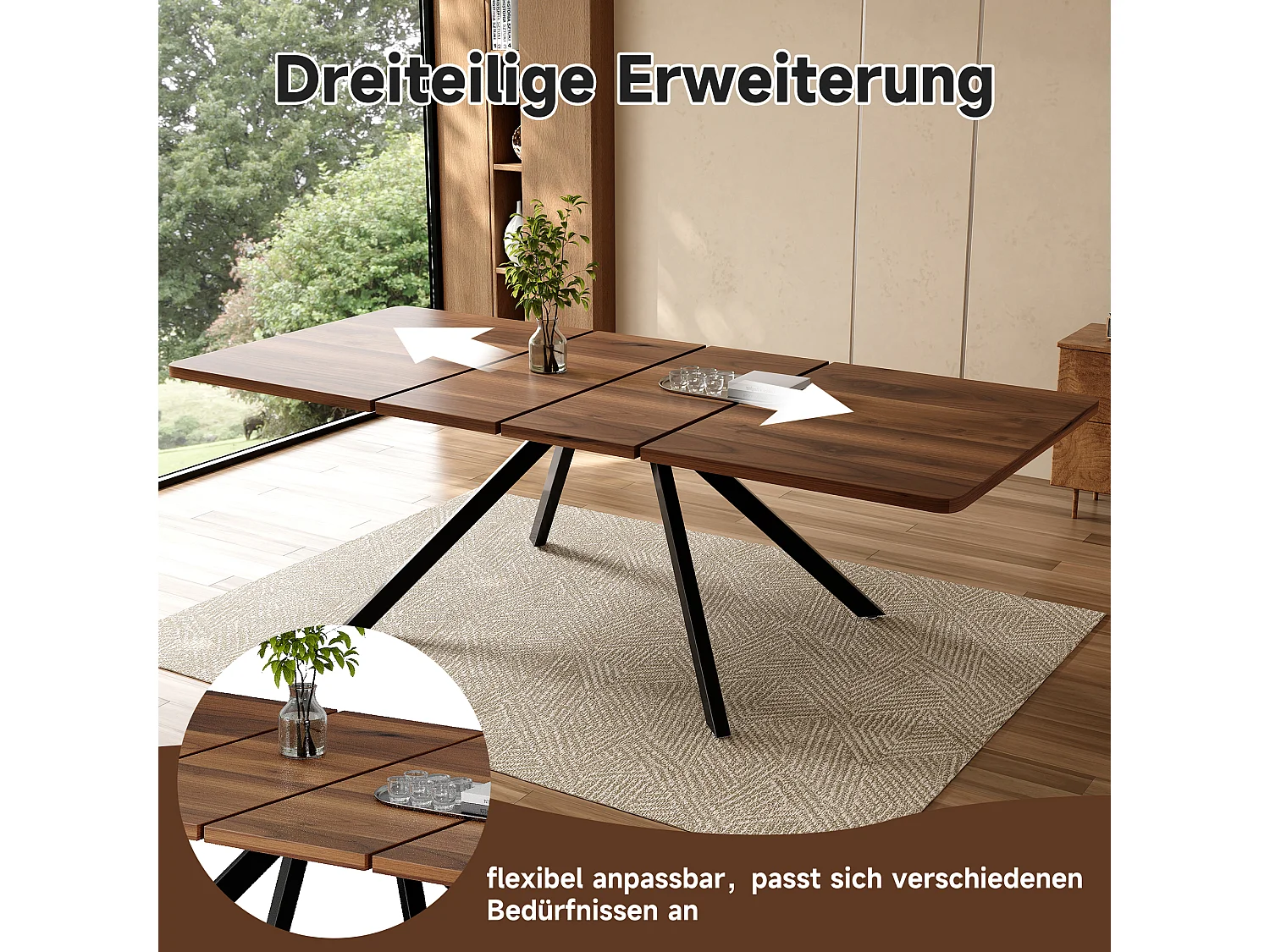 Ausziehbarer Esstisch – 160/200/240 x 90 x 74,5 cm – für 6 bis 10 Personen – Metallbeine – MDF – braun