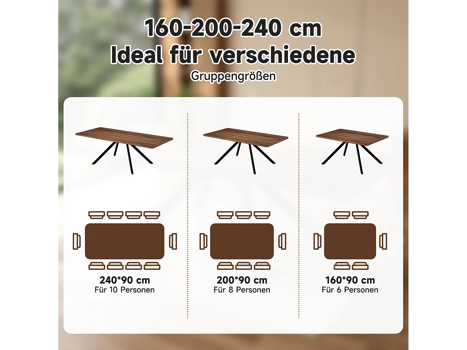 Ausziehbarer Esstisch – 160/200/240 x 90 x 74,5 cm – für 6 bis 10 Personen – Metallbeine – MDF – braun