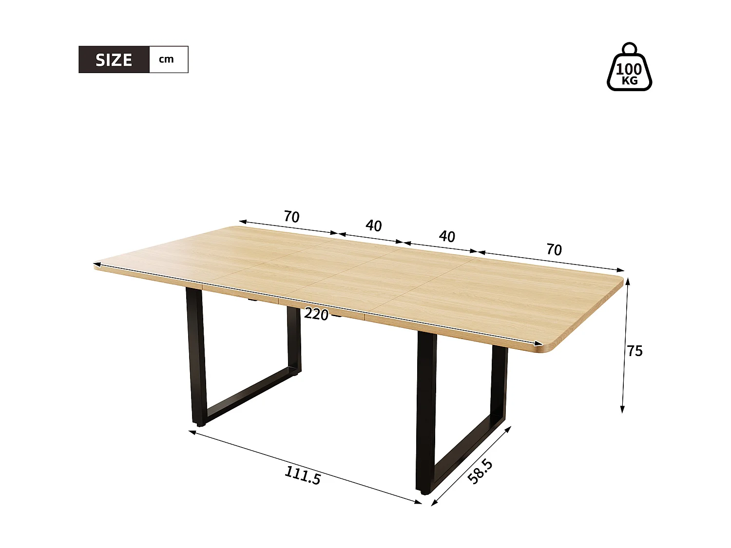 Table à manger extensible - 140/180/220 x 90 x 75 cm - pour 6 à 10 personnes - pieds en métal - MDF - naturel