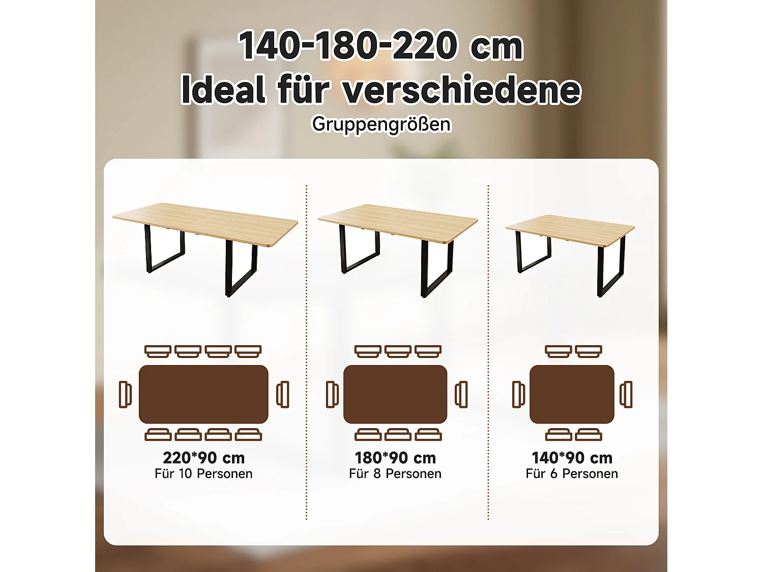 Table à manger extensible - 140/180/220 x 90 x 75 cm - pour 6 à 10 personnes - pieds en métal - MDF - naturel