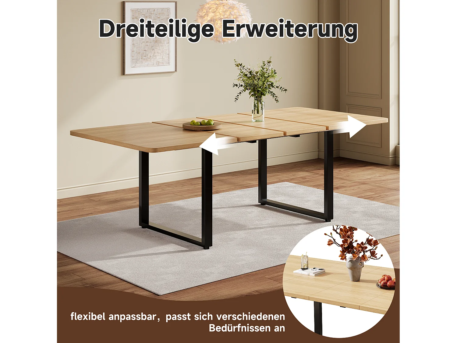 Table à manger extensible - 140/180/220 x 90 x 75 cm - pour 6 à 10 personnes - pieds en métal - MDF - naturel