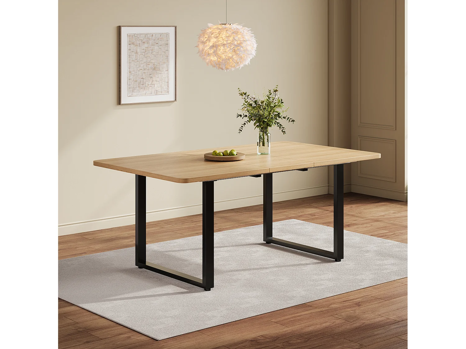 Udtrækkeligt spisebord - 140/180/220 x 80 x 75 cm - til 6 til 10 personer - metalben - MDF - natur