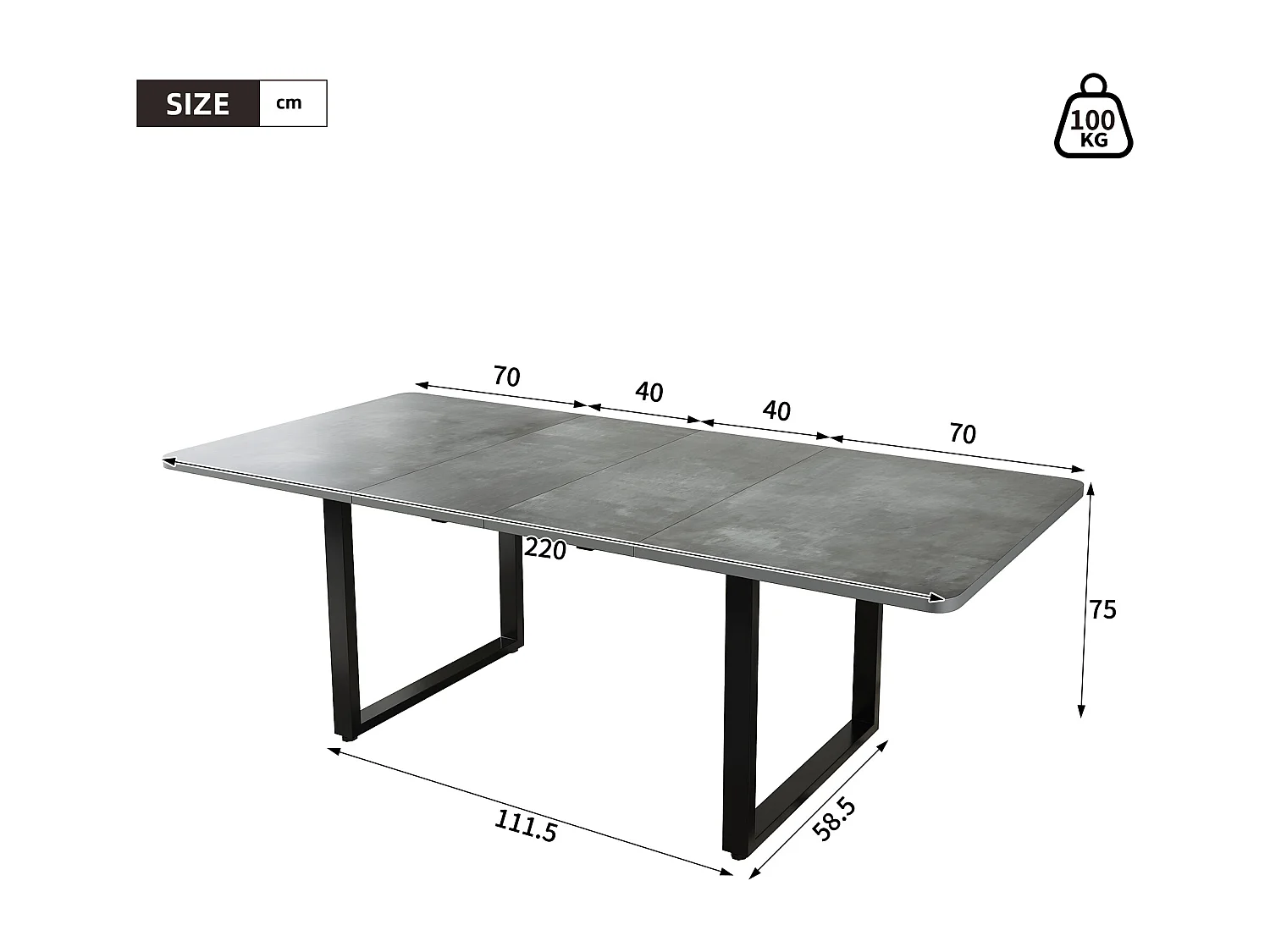 Table à manger extensible - 140/180/220 x 90 x 75 cm - pour 6 à 10 personnes - pieds en métal - MDF - gris