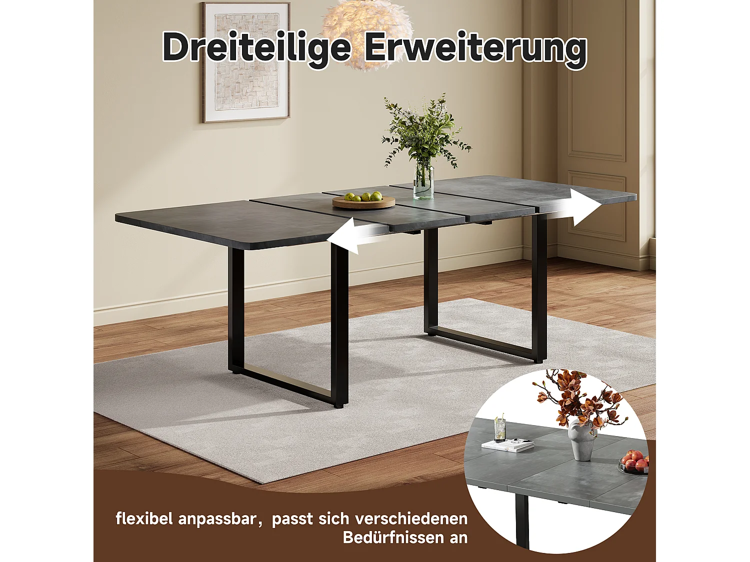 Table à manger extensible - 140/180/220 x 90 x 75 cm - pour 6 à 10 personnes - pieds en métal - MDF - gris