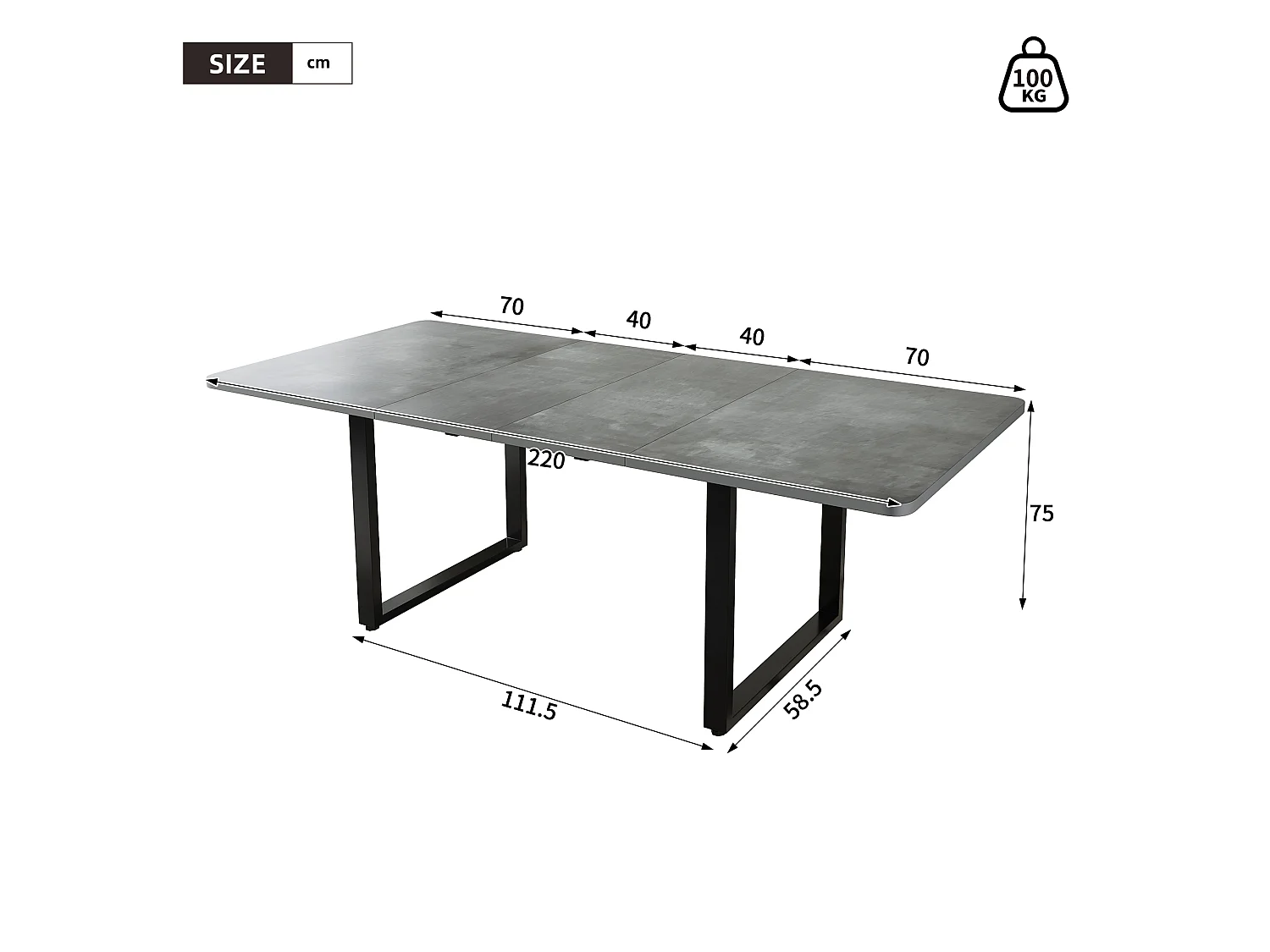 Uitschuifbare eettafel - 140/180/220 x 90 x 75 cm - voor 6 tot 10 personen - metalen poten - MDF - grijs