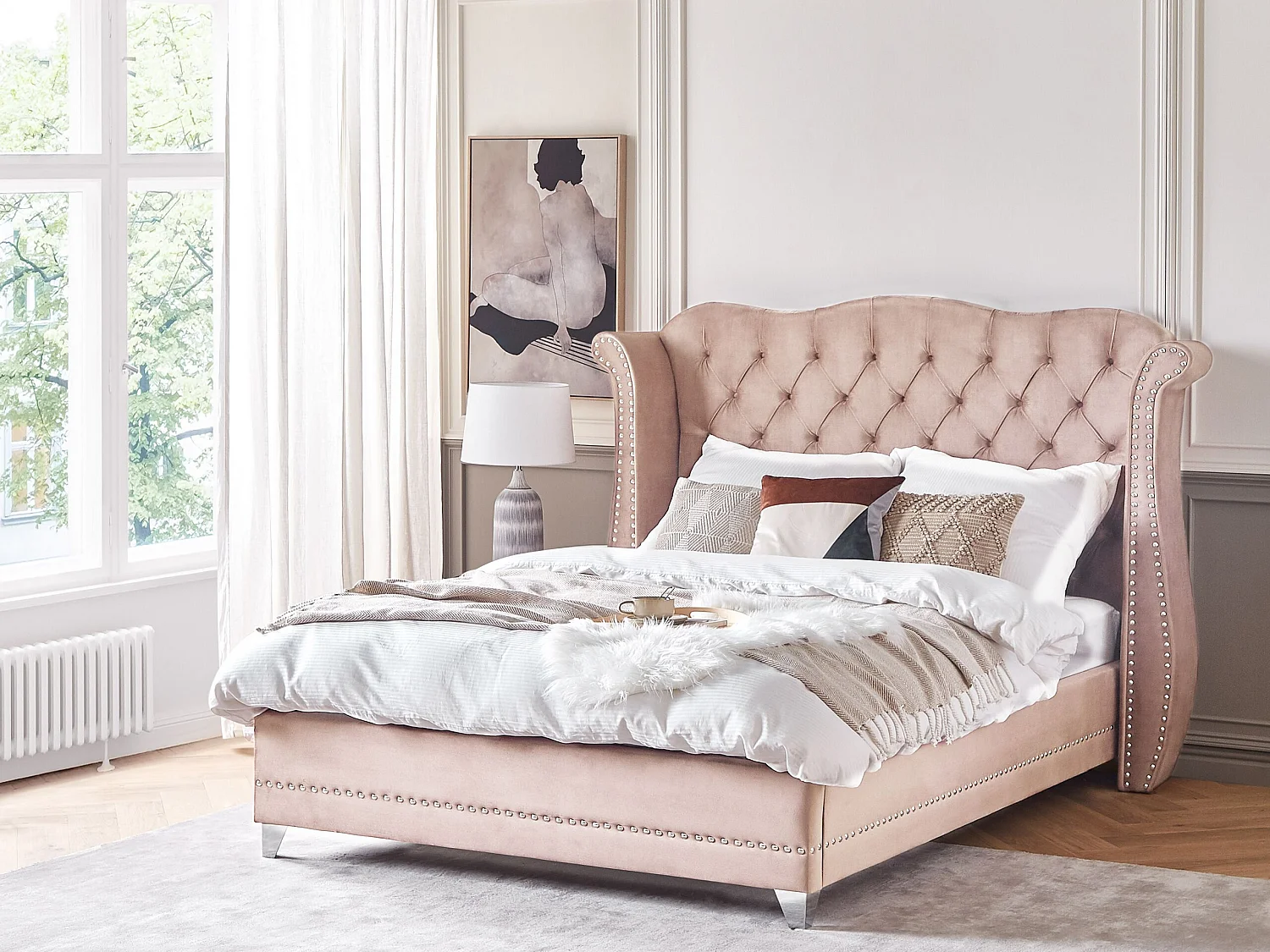 Bett Samtstoff im Chesterfield Stil hohes Kopfteil rosa 160 x 200 cm Ayette