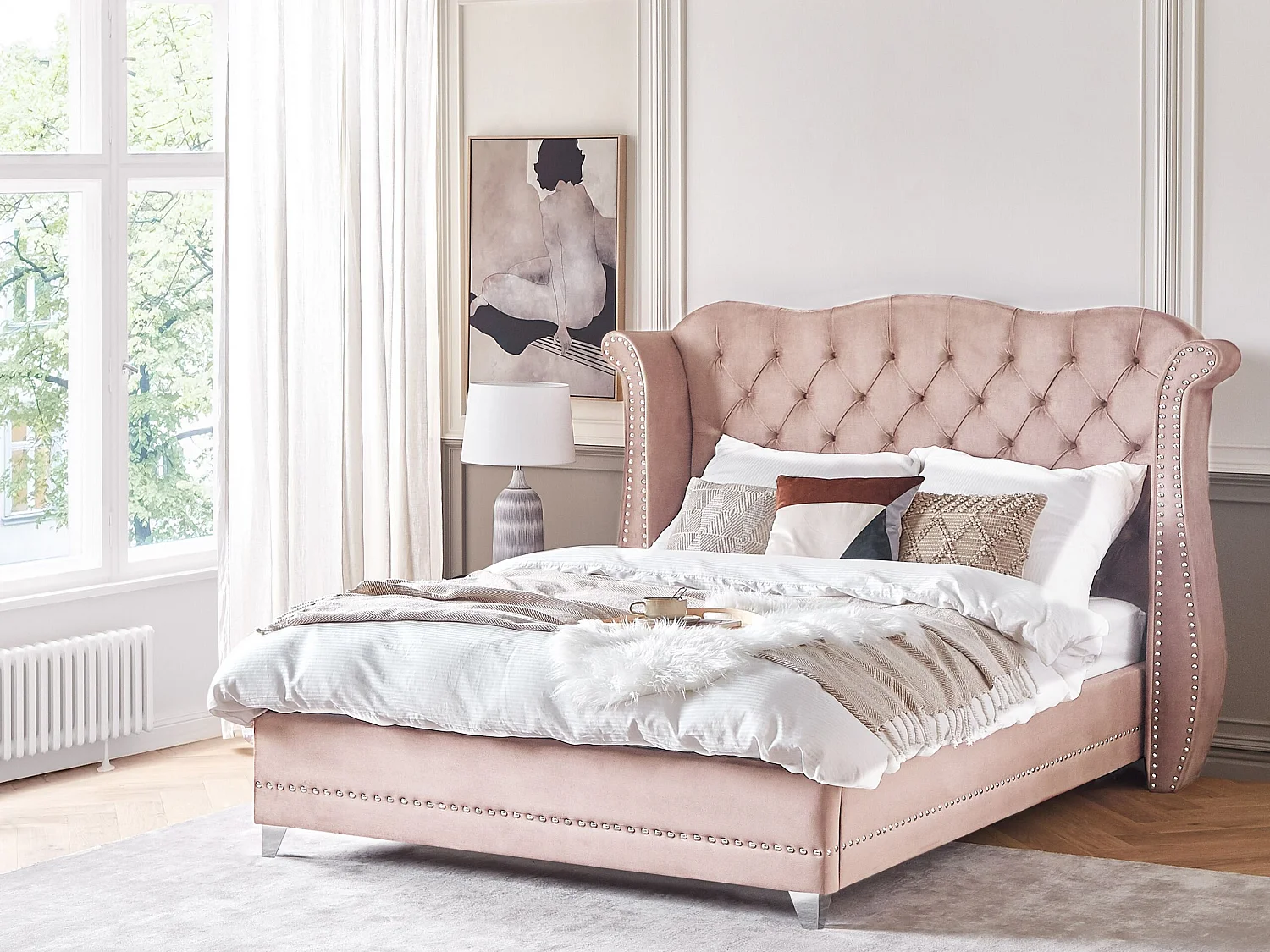 Lit avec sommier Velours AYETTE 180 x 200 cm Rose pastel