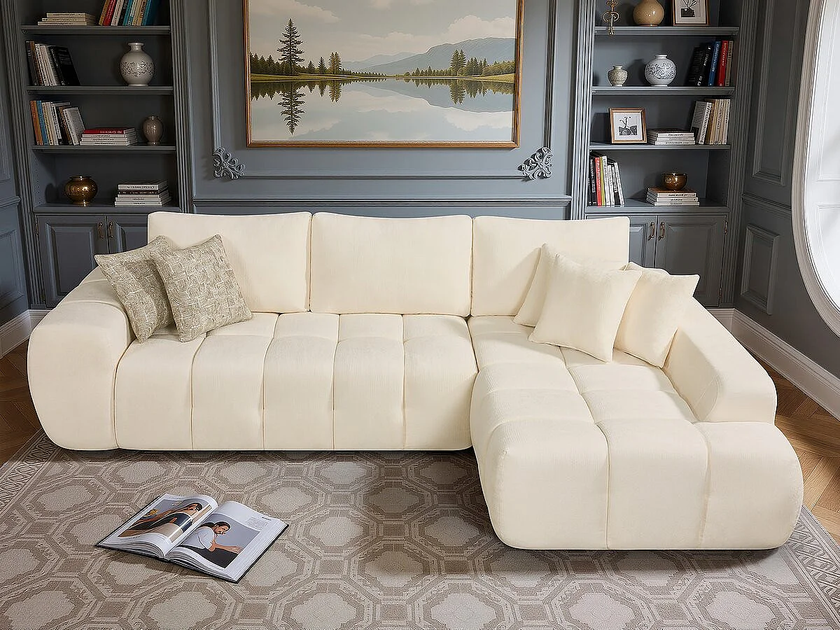 Canapé d'angle droit en tissu style bubble "Sidonie" - 4 places - Beige