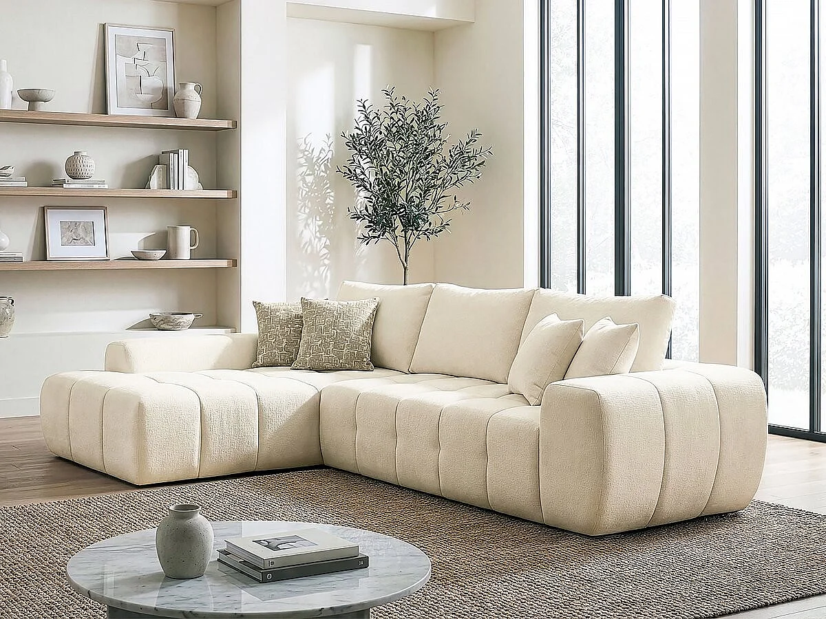 Divano angolare sinistro "Sidonie" in tessuto a bolle - 4 posti - Beige