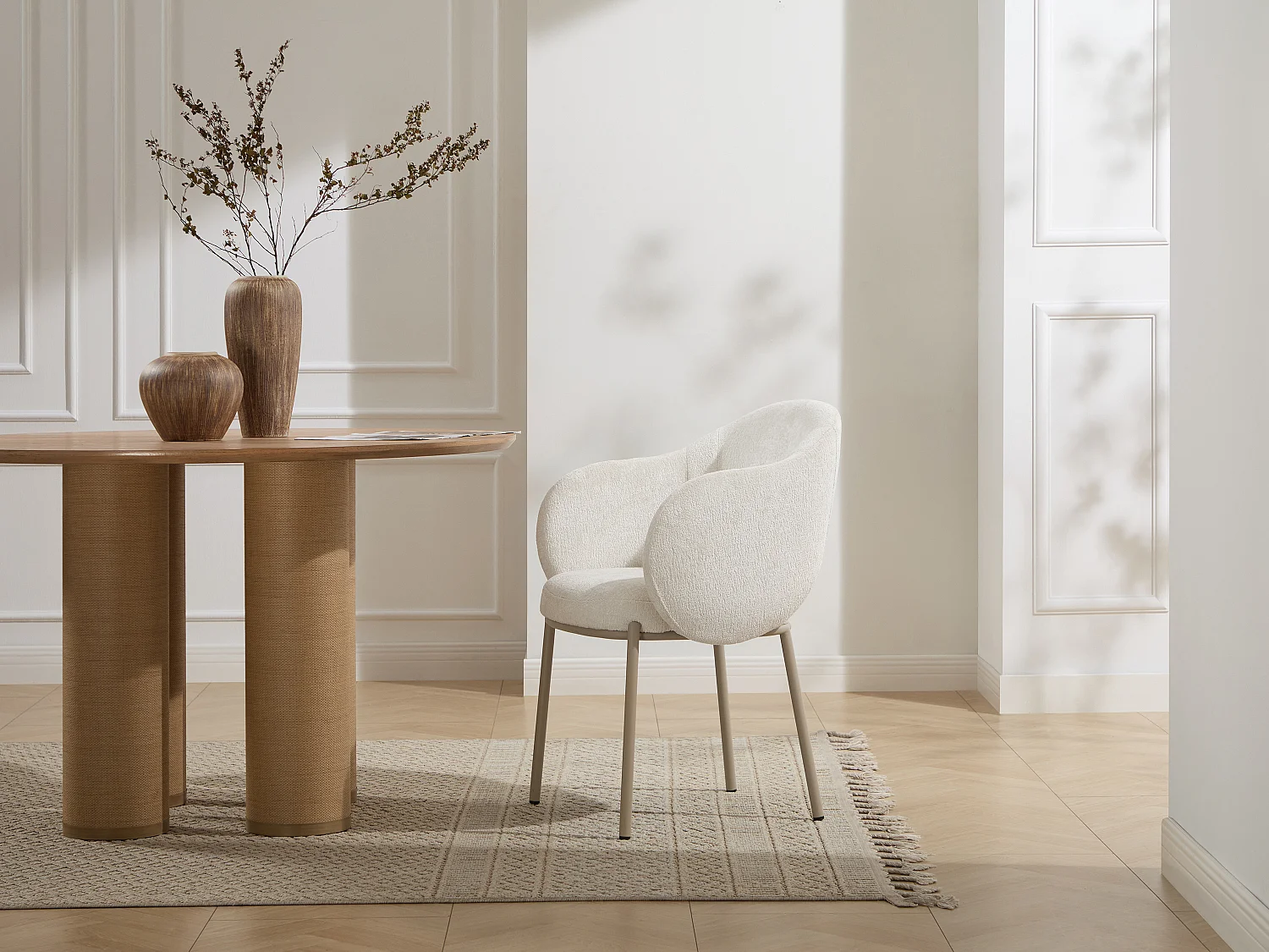 Lot de 2 chaises avec accoudoirs en tissu texturé et métal beige - Crème - ACACILIO