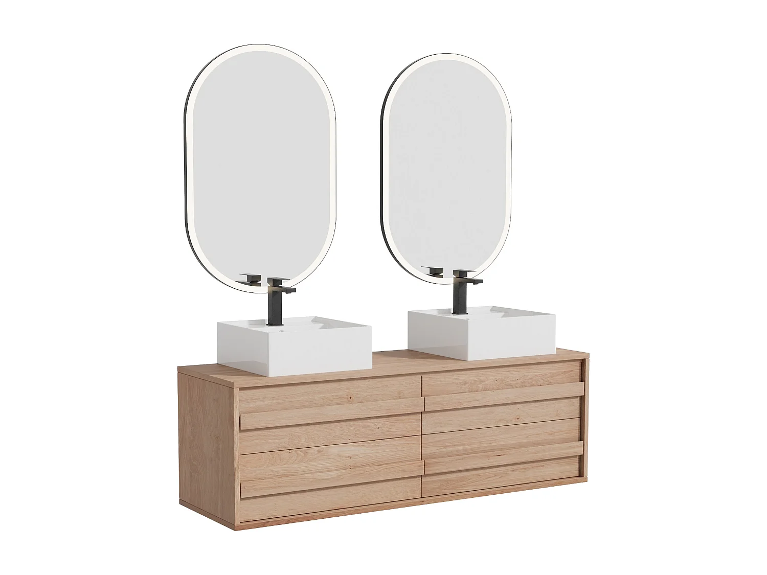 Hängender Unterschrank aus Massivholz Eiche mit quadratischem Aufsatzbecken, Armatur und Spiegel - Hell Natur - 150 cm - SARLO