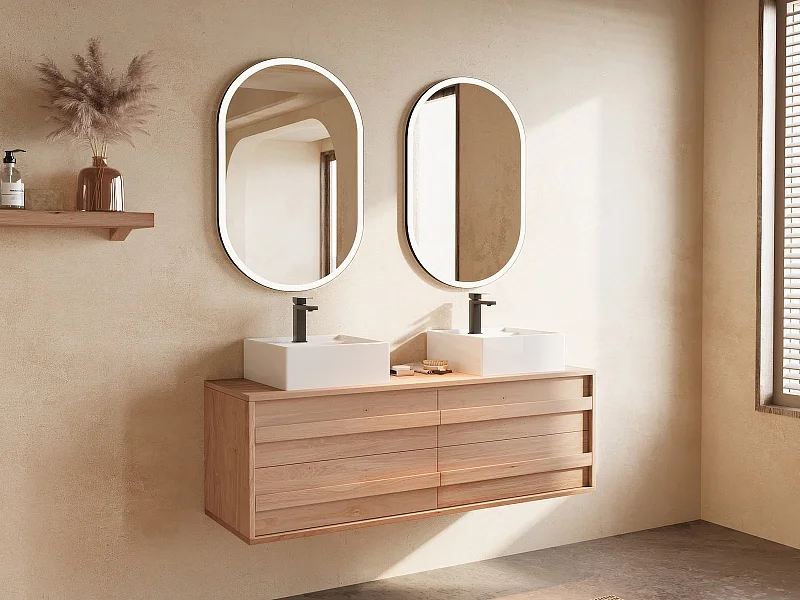 Hängender Unterschrank aus Massivholz Eiche mit quadratischem Aufsatzbecken, Armatur und Spiegel - Hell Natur - 150 cm - SARLO