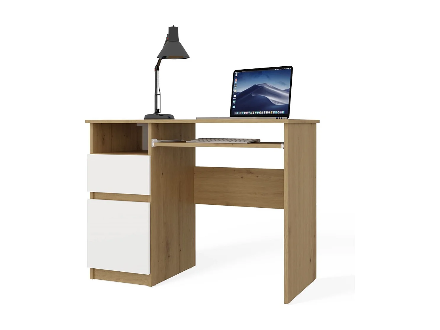 Biurko Komputerowe PORTO LEWE| DĄB ARTISAN / BIEL | 98,5x51x75,5 cm | Szuflada Półka