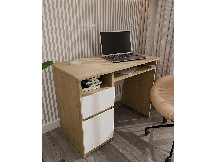 Biurko Komputerowe PORTO LEWE| DĄB ARTISAN / BIEL | 98,5x51x75,5 cm | Szuflada Półka
