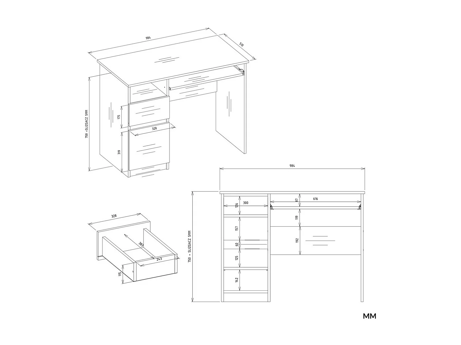 Biurko Komputerowe PORTO LEWE| DĄB ARTISAN / BIEL | 98,5x51x75,5 cm | Szuflada Półka