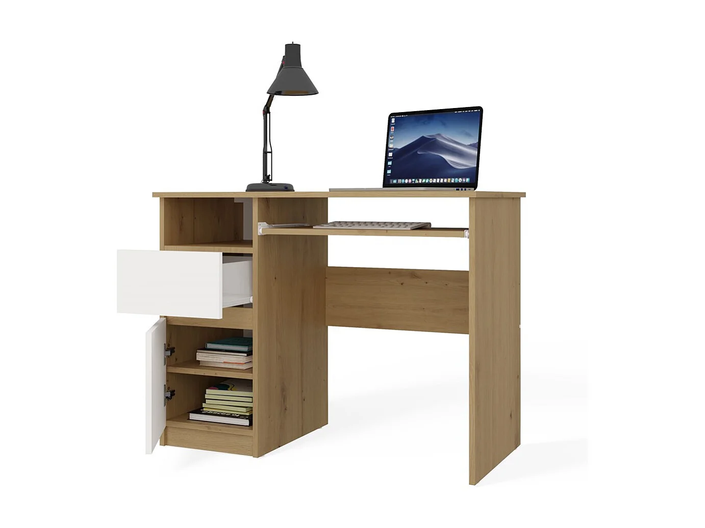 Biurko Komputerowe PORTO LEWE| DĄB ARTISAN / BIEL | 98,5x51x75,5 cm | Szuflada Półka