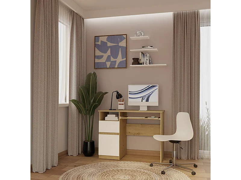 Biurko Komputerowe PORTO LEWE| DĄB ARTISAN / BIEL | 98,5x51x75,5 cm | Szuflada Półka