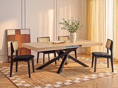 Mesa de jantar extensível de 6 a 12 pessoas em Mdf e metal - Natural e preto - CATONAV