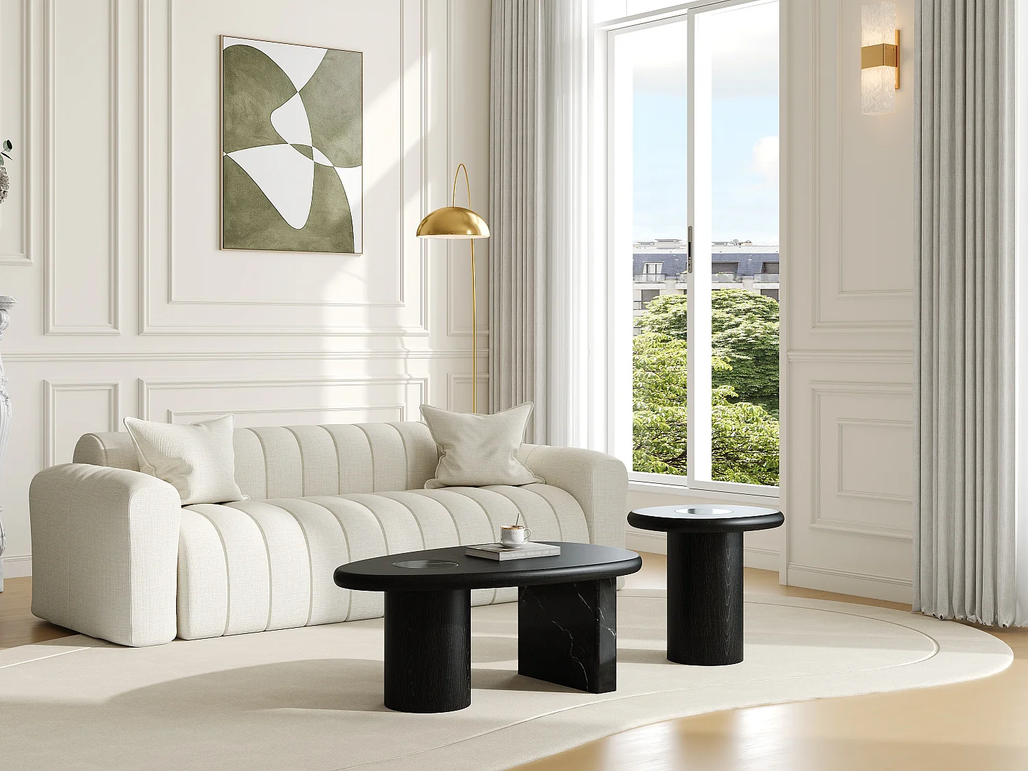 Lot de 2 tables basses en marbre et placage chêne - Noir et blanc - MARSULA