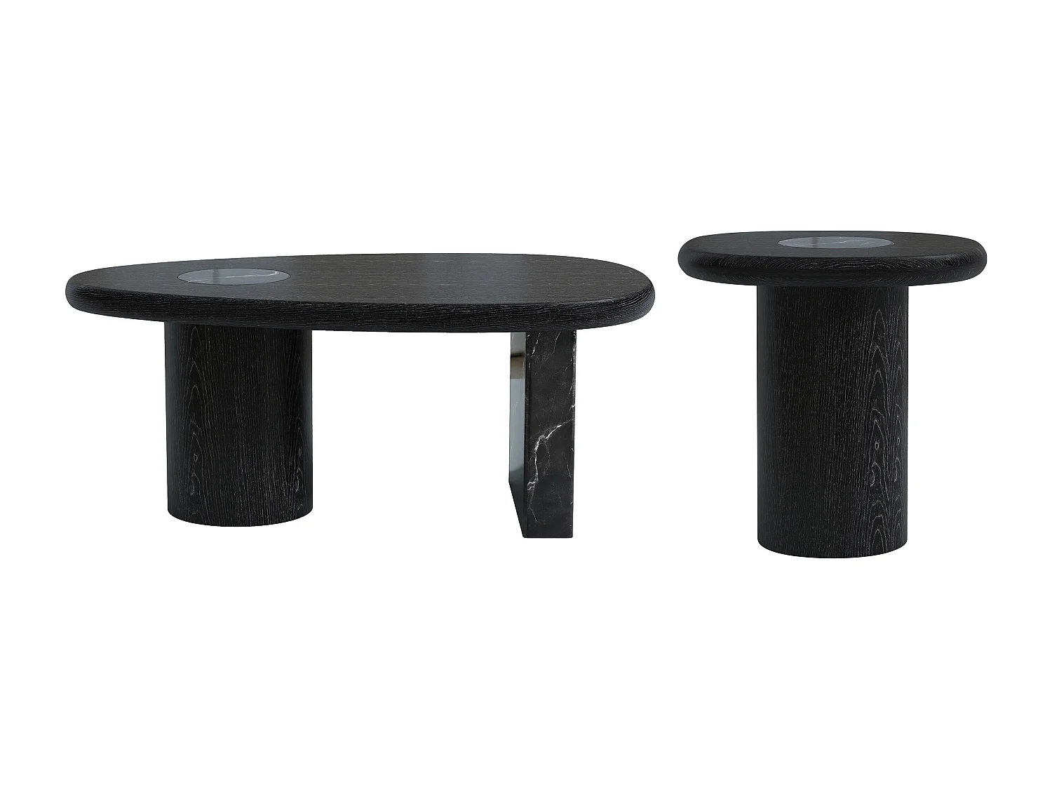 Lot de 2 tables basses en marbre et placage chêne - Noir et blanc - MARSULA