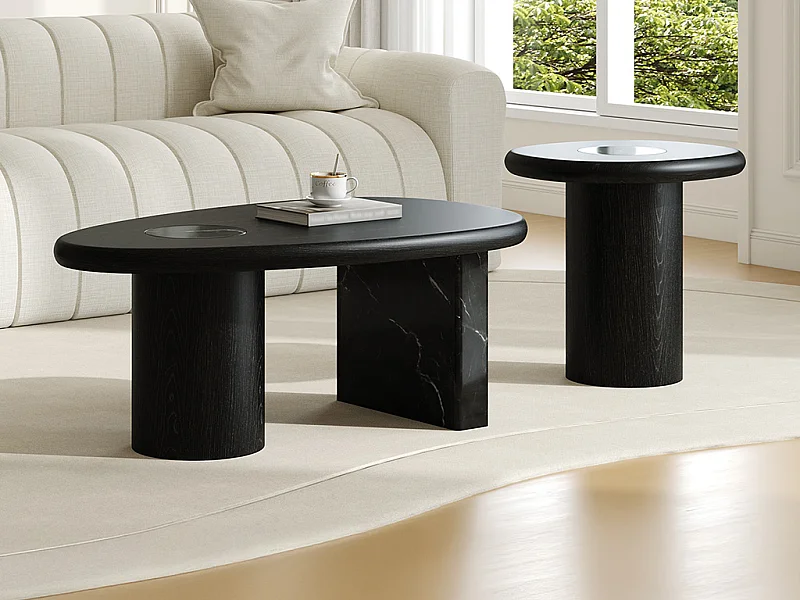 Lot de 2 tables basses en marbre et placage chêne - Noir et blanc - MARSULA