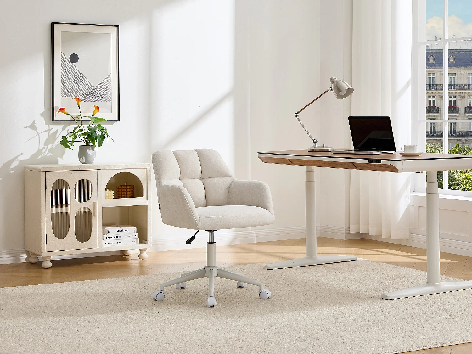 Chaise de bureau en tissu – Crème et blanc – Hauteur réglable - PEGA