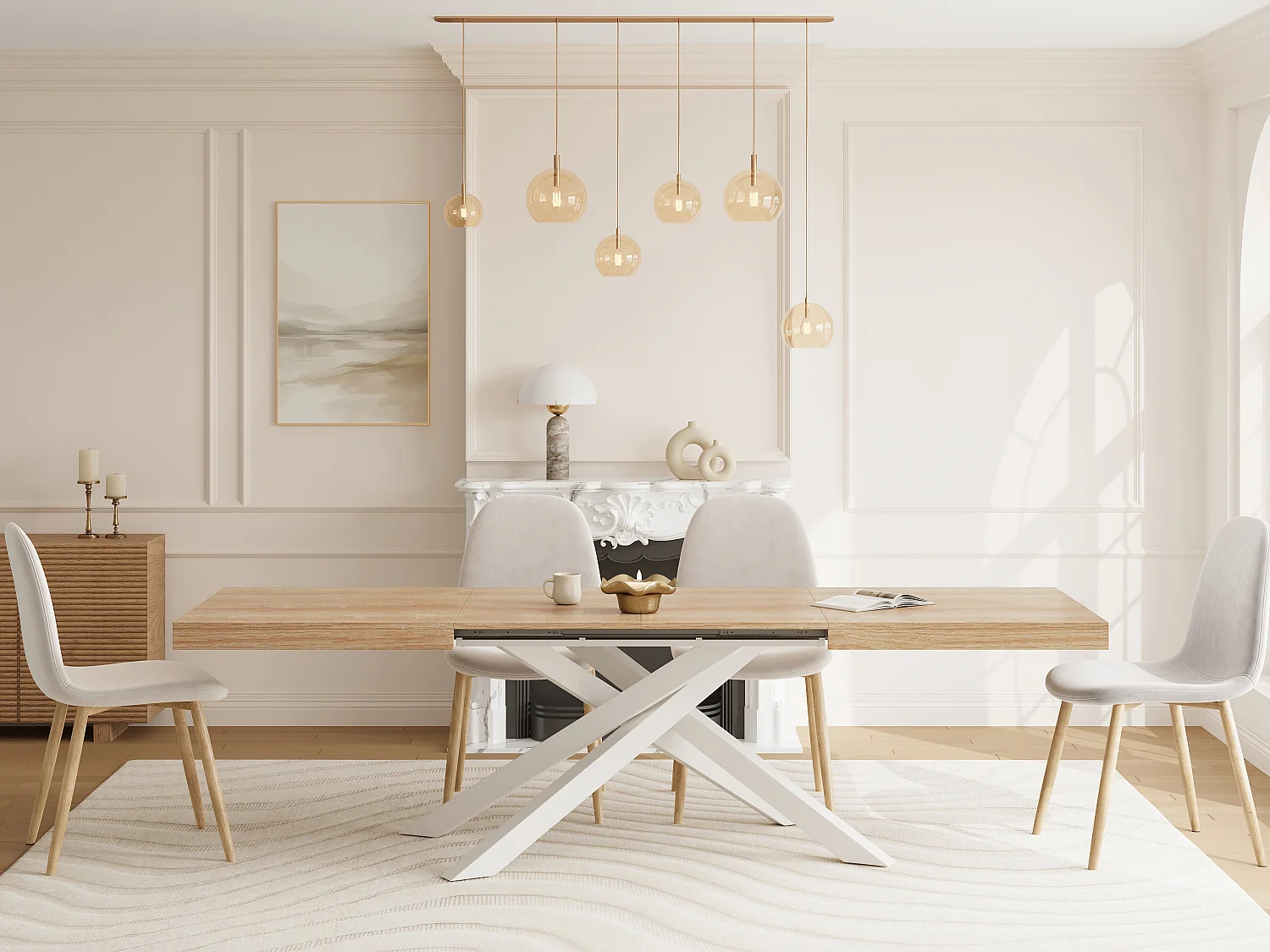 Table à manger extensible 6 à 12 personnes en MDF et métal - Naturel et blanc - CATONAV