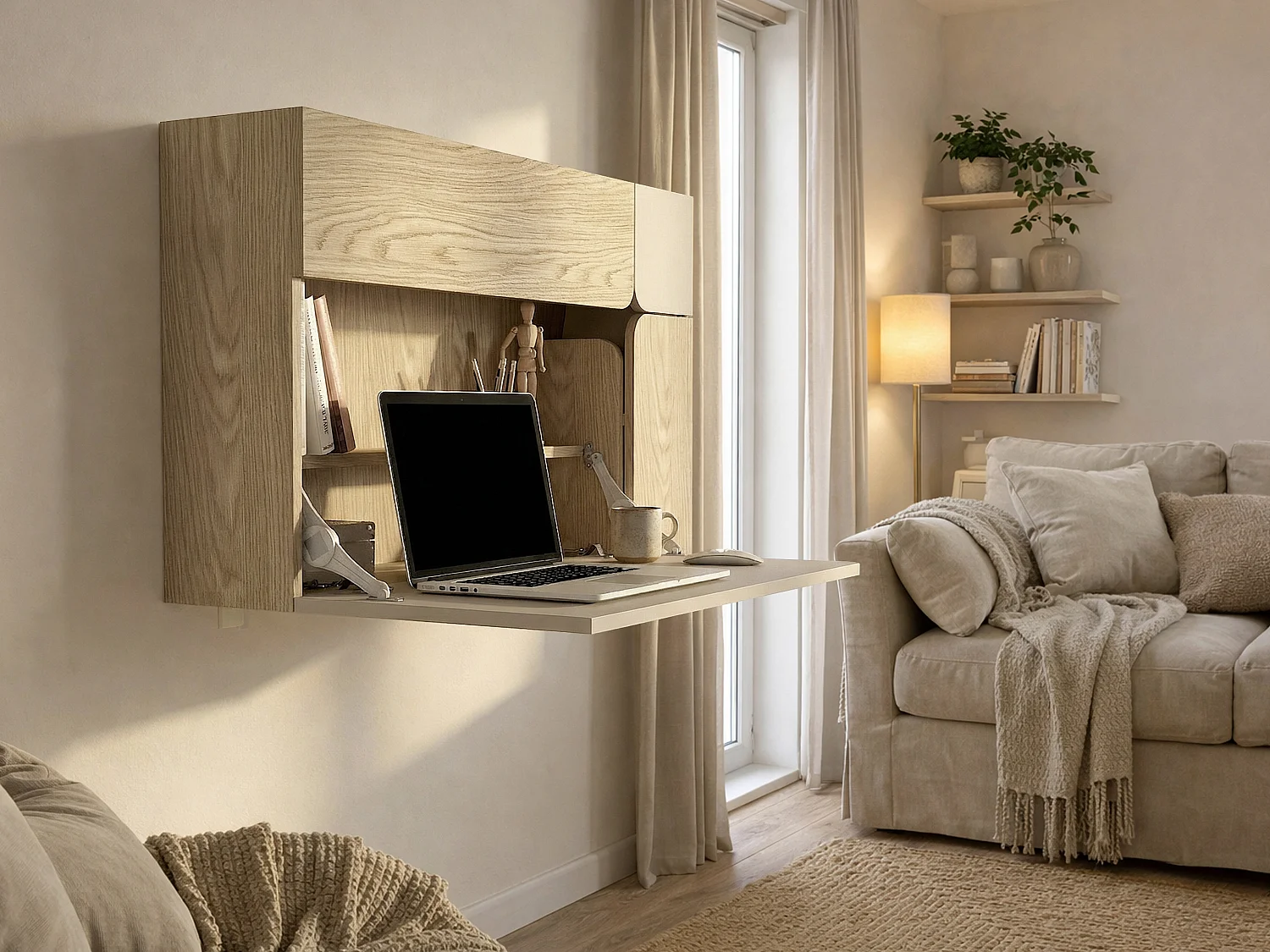 Bureau suspendu avec 3 portes – Beige et naturel – LYNATO