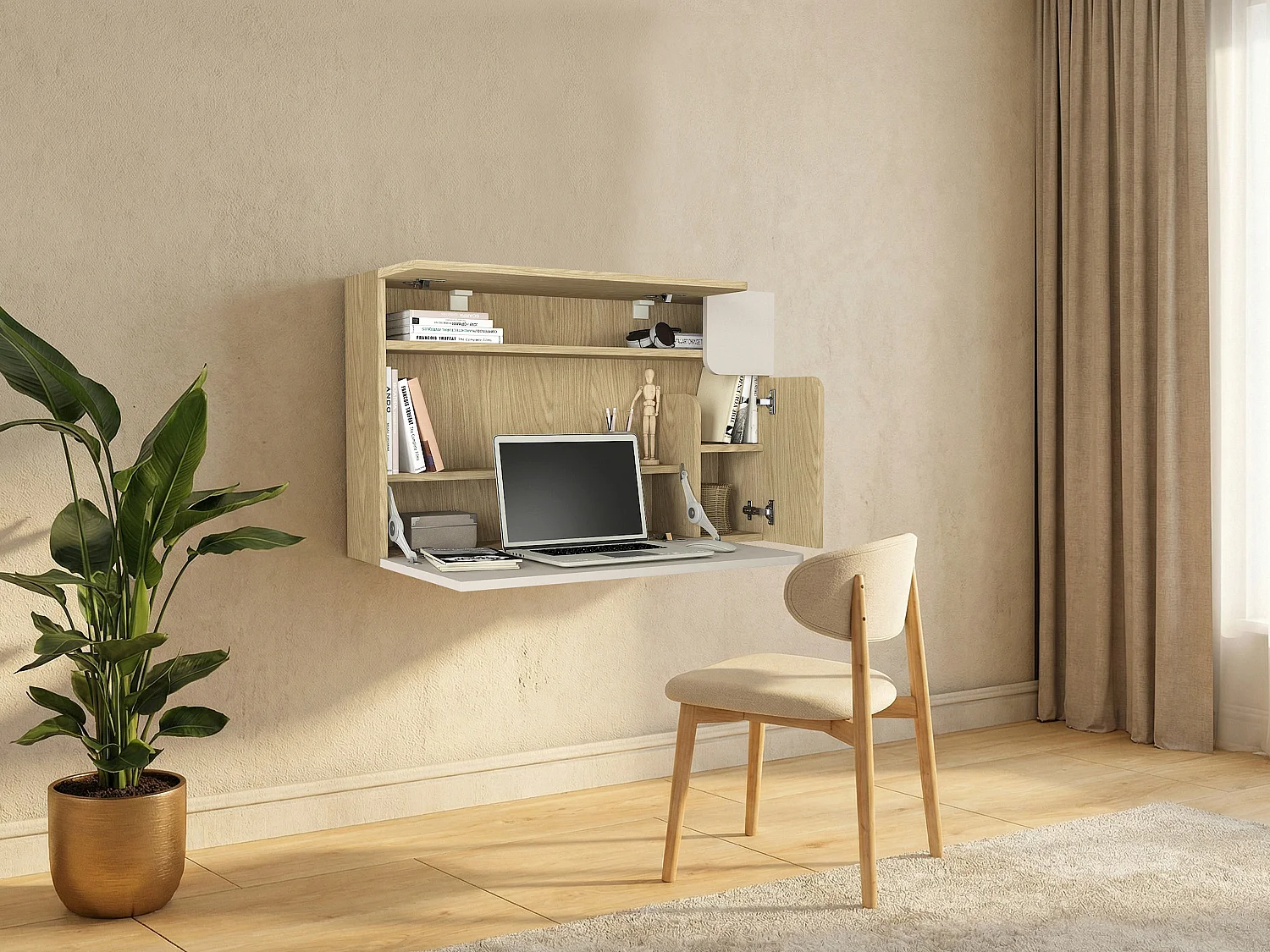 Bureau suspendu avec 3 portes – Beige et naturel – LYNATO