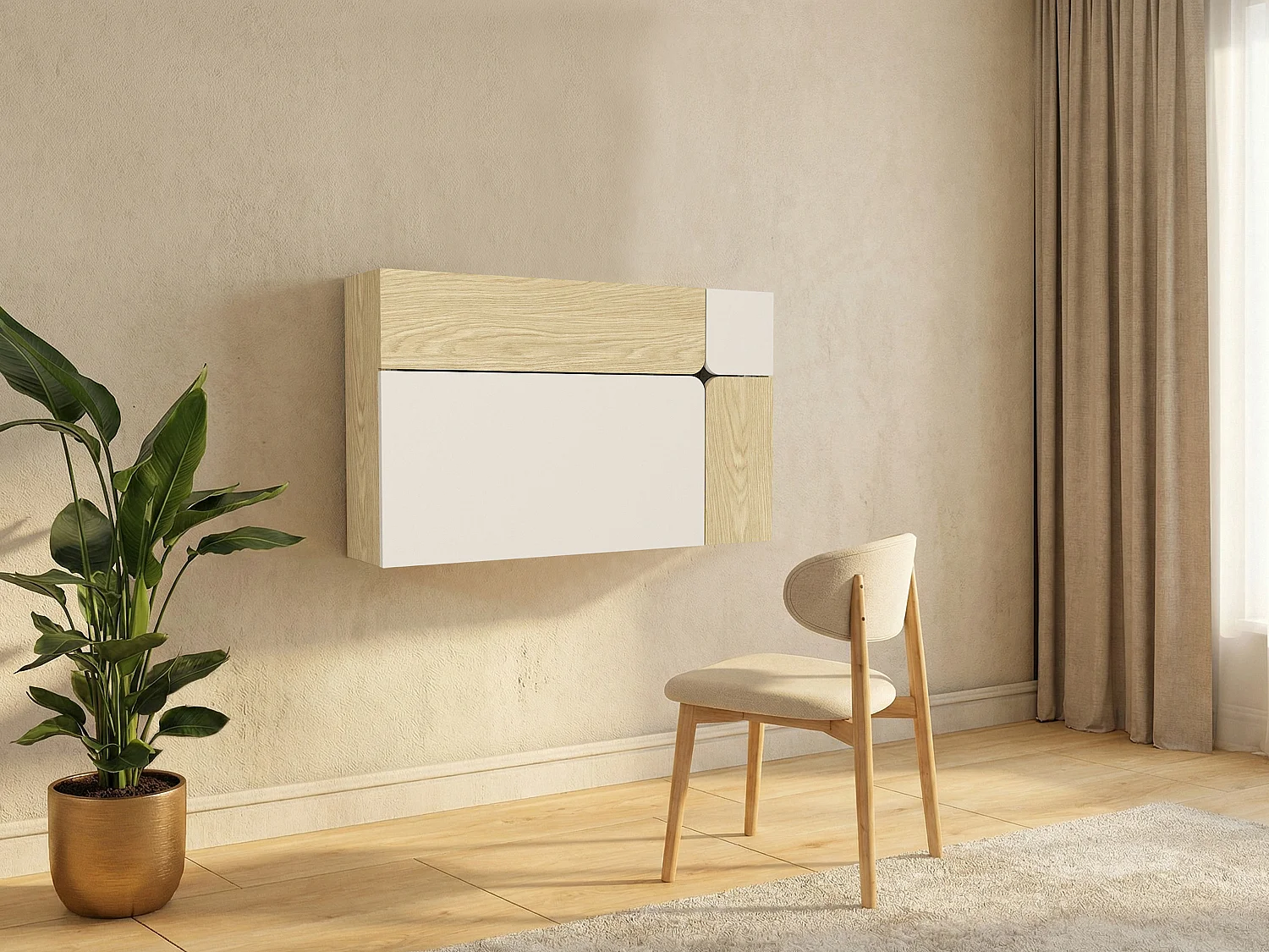 Bureau suspendu avec 3 portes – Beige et naturel – LYNATO