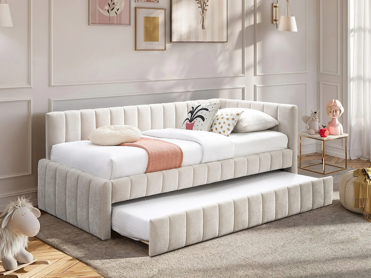Lit banquette avec tiroir gigogne 90 x 190 cm – Tissu - Beige – BAVOK