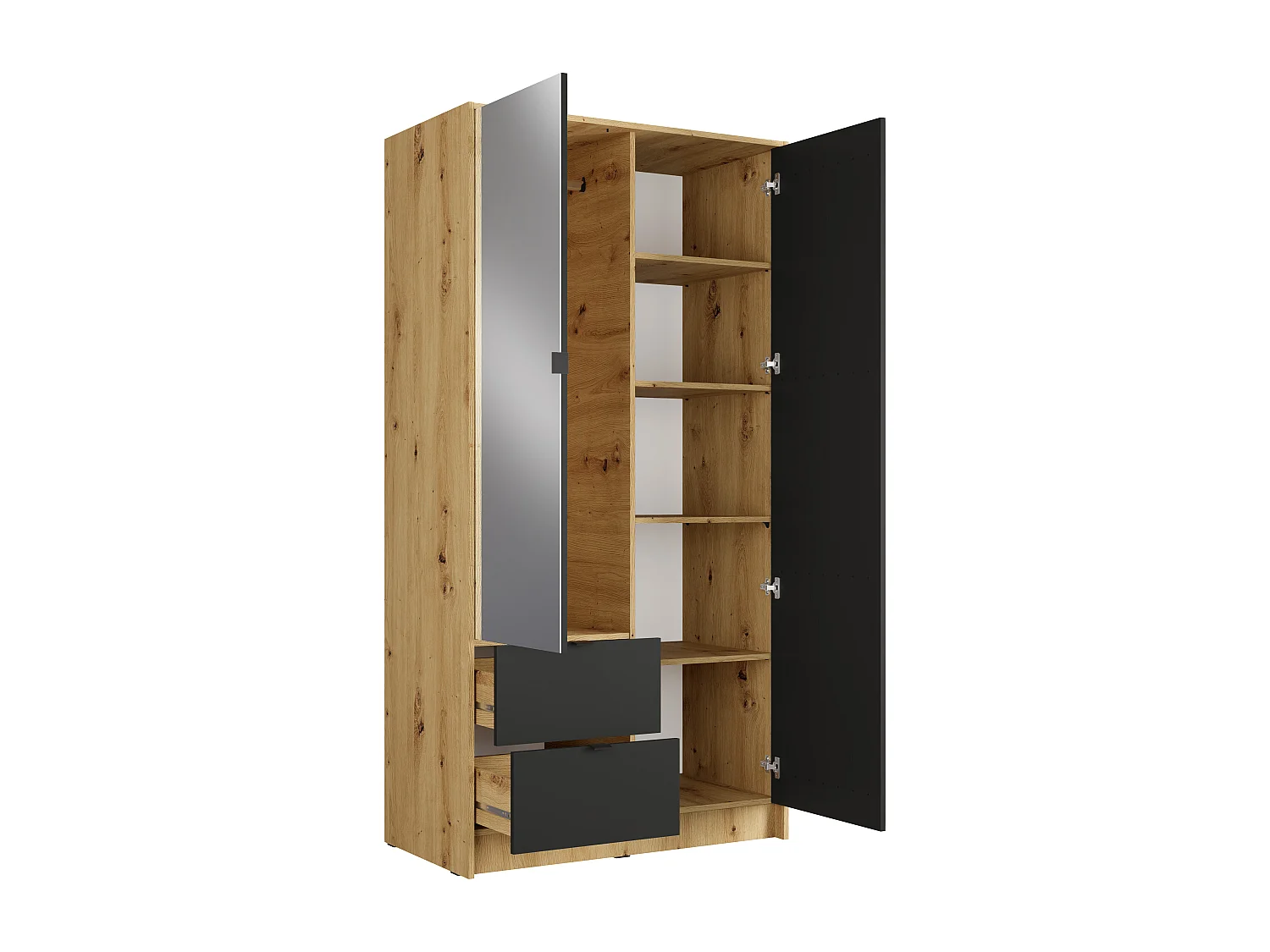 Armoire 2 portes et 2 tiroirs – Avec miroir – L102 cm – Coloris : Naturel et anthracite – NEROVAL
