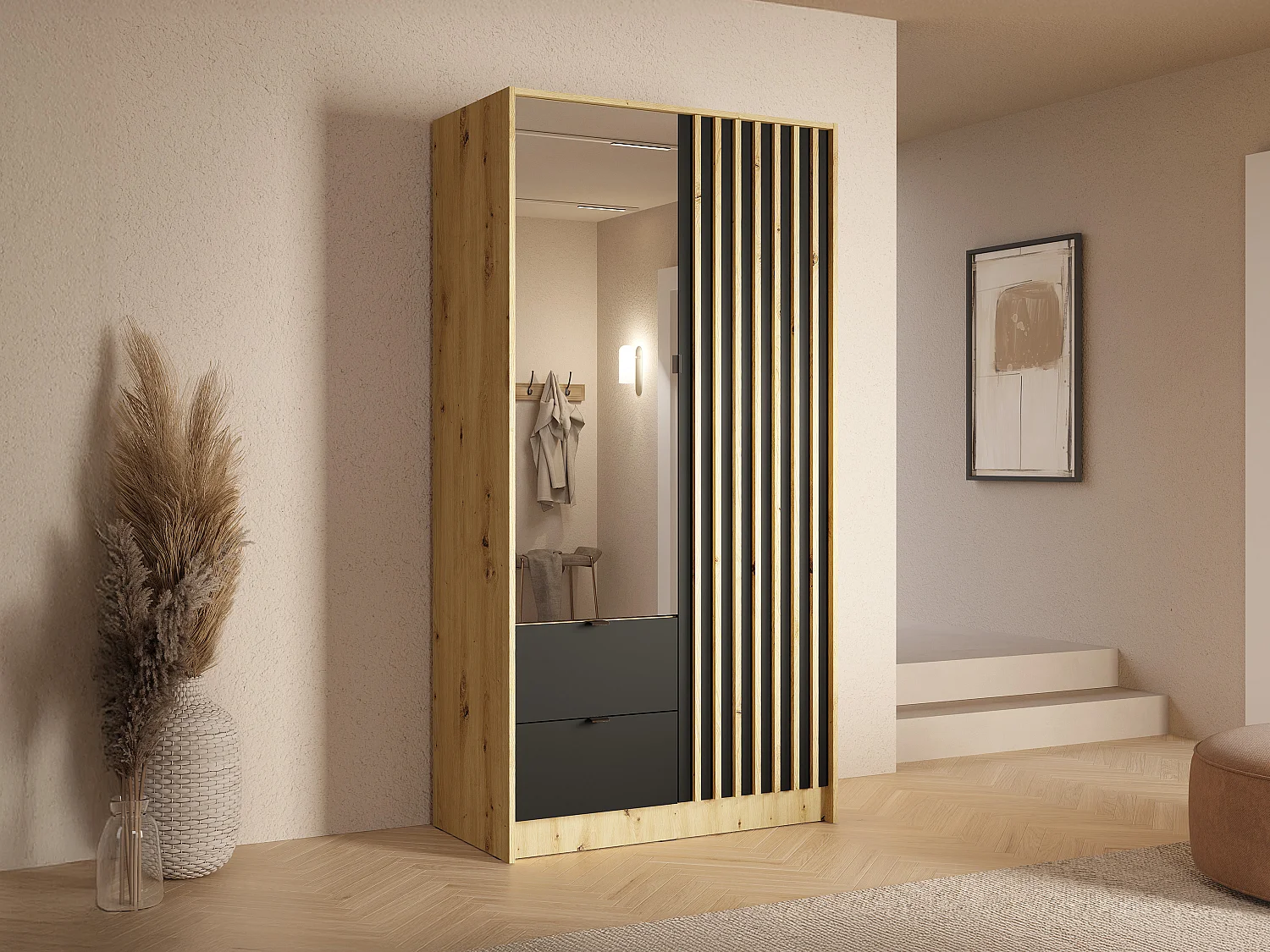 Armoire 2 portes et 2 tiroirs – Avec miroir – L102 cm – Coloris : Naturel et anthracite – NEROVAL