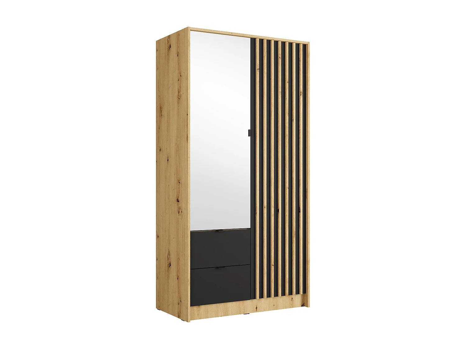 Armoire 2 portes et 2 tiroirs – Avec miroir – L102 cm – Coloris : Naturel et anthracite – NEROVAL