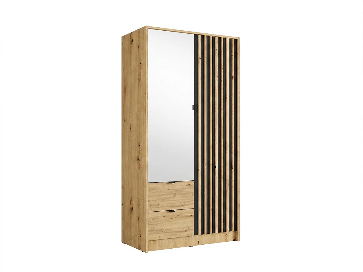 Armoire 2 portes et 2 tiroirs – Avec miroir – L102 cm – Coloris : Naturel et anthracite – NEROVAL