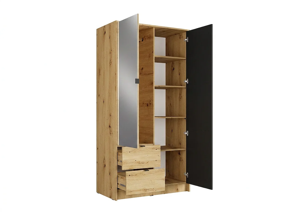Armoire 2 portes et 2 tiroirs – Avec miroir – L102 cm – Coloris : Naturel et anthracite – NEROVAL
