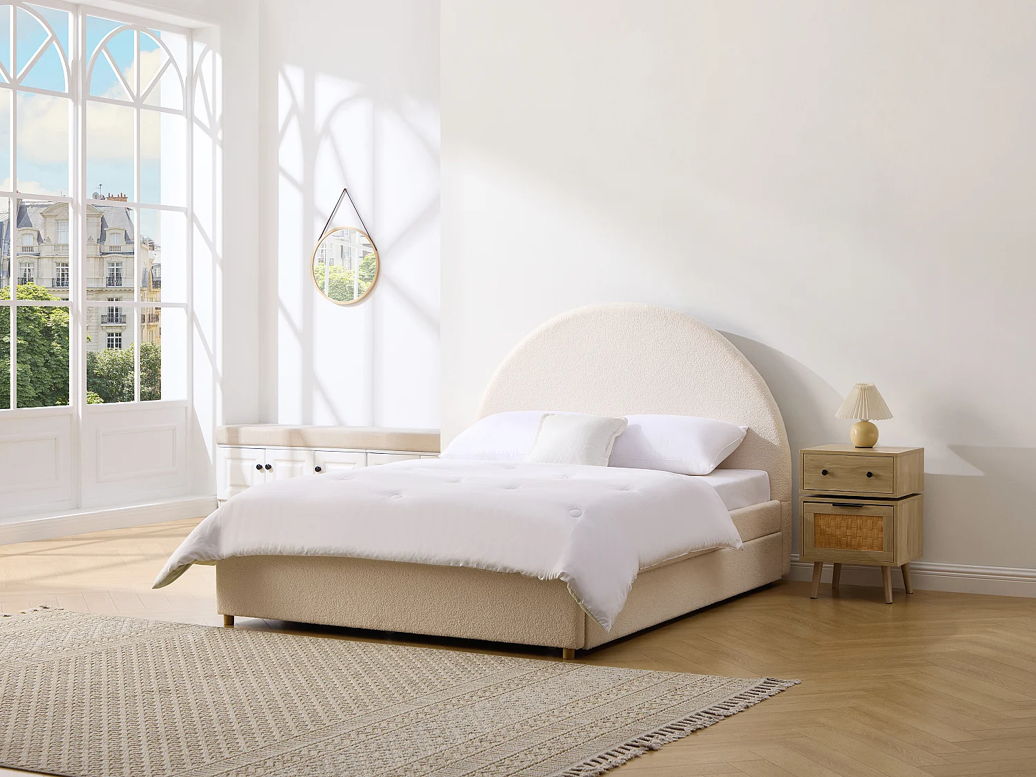 Lit avec tiroir gigogne 140 x 190 cm - Tissu bouclette – Crème – LIRIMO