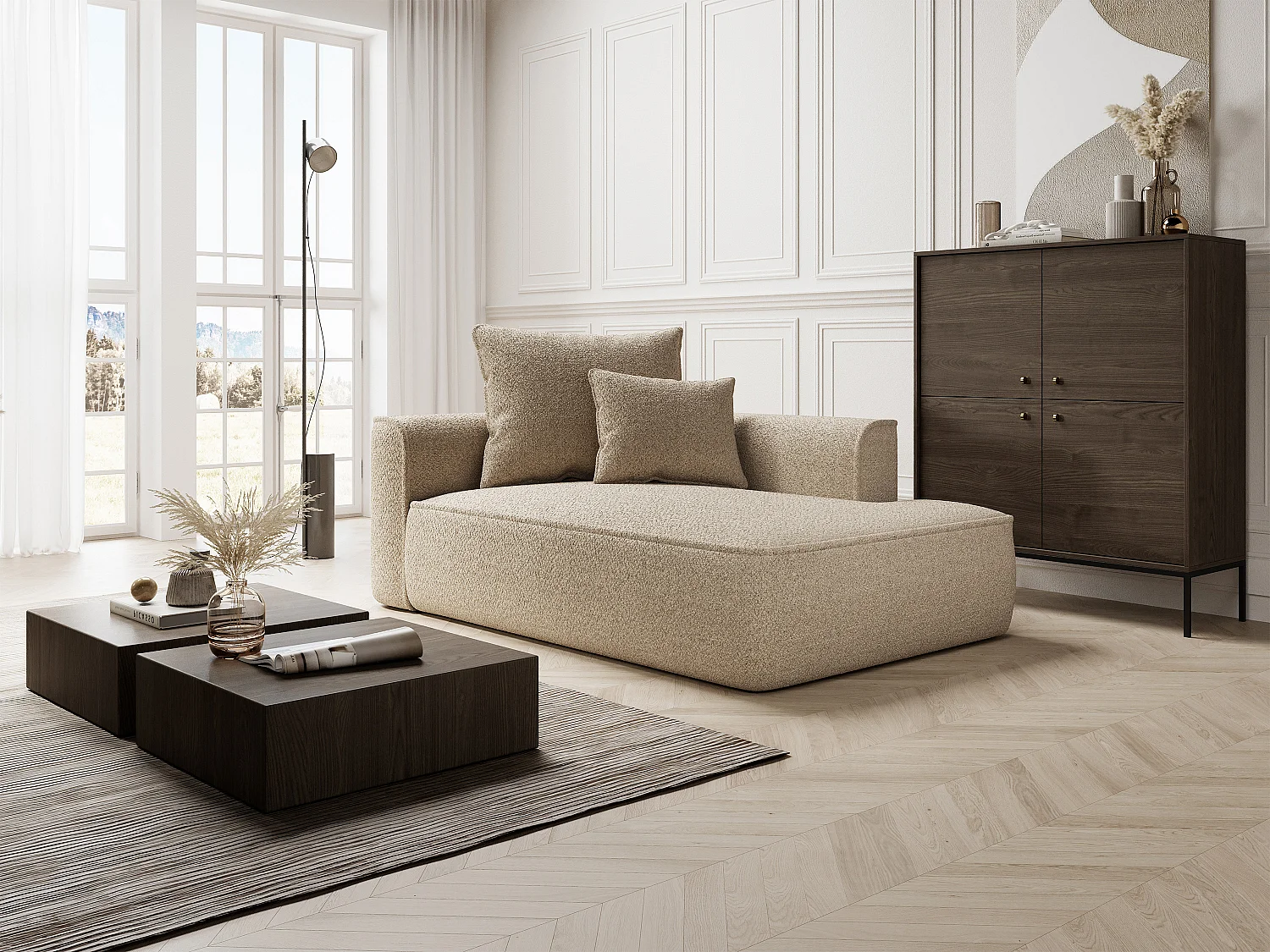 Méridienne droite en tissu chenille taupe PINETA