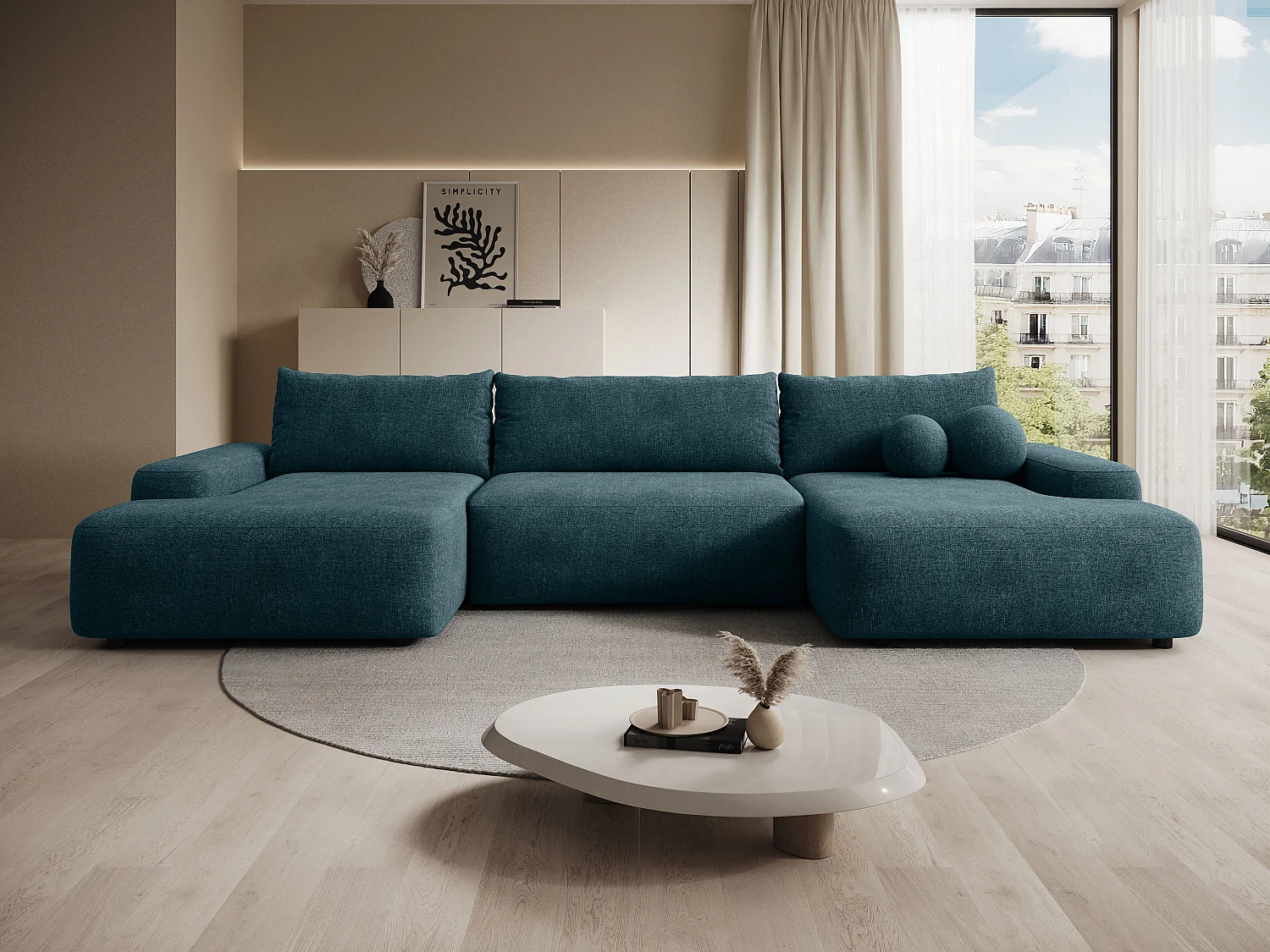 Grand canapé d'angle panoramique convertible en tissu texturé bleu DAVISO