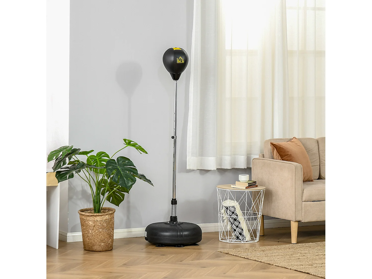 Punching ball sur pied hauteur réglable H.133 -151cm - ressort central, socle ventouses - accessoires - jaune noir