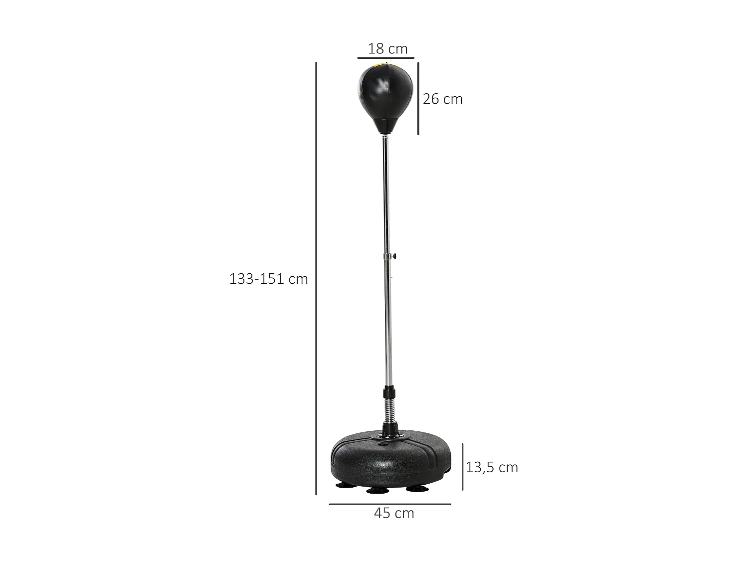 Punching ball sur pied hauteur réglable H.133 -151cm - ressort central, socle ventouses - accessoires - jaune noir