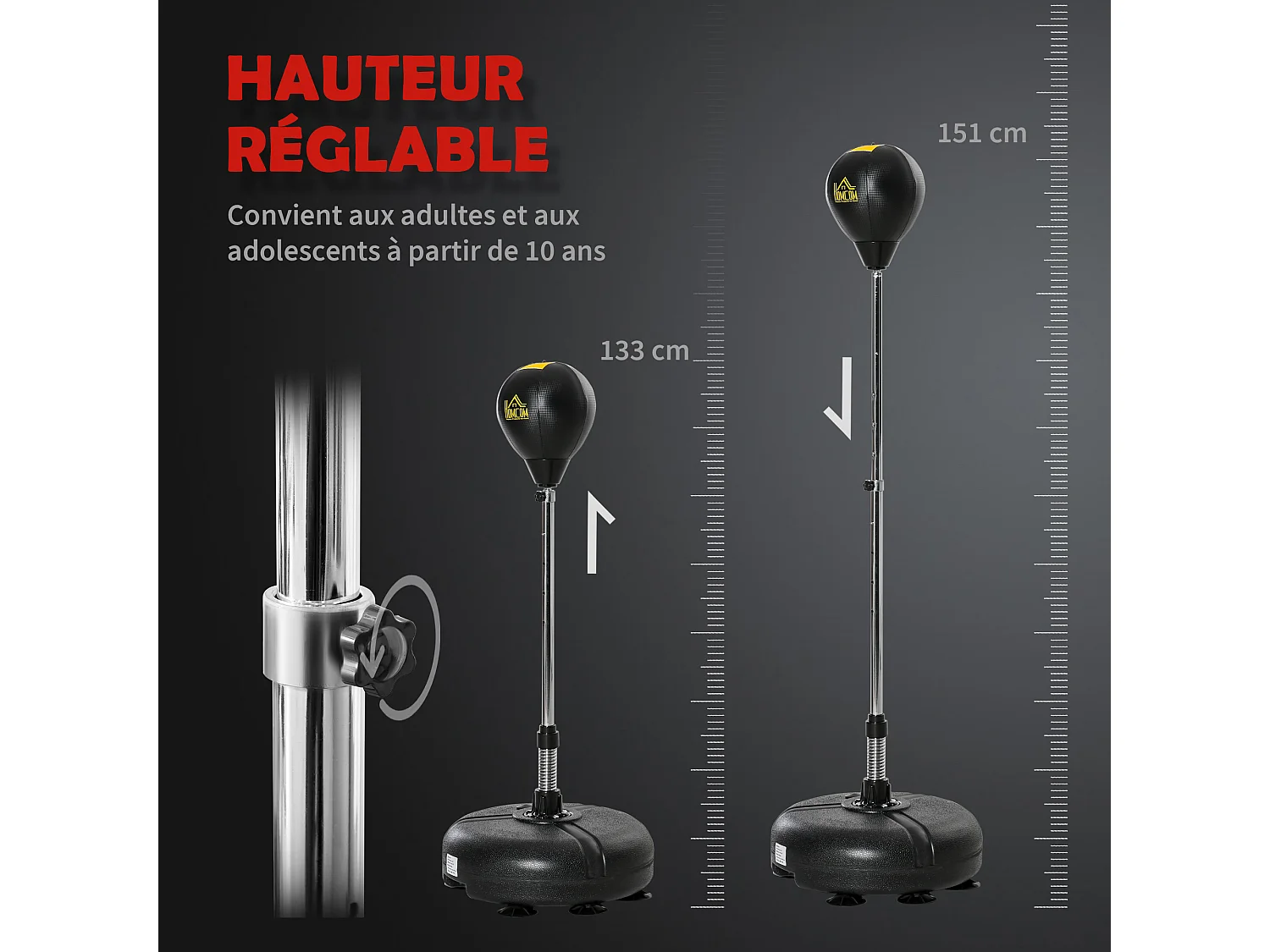 Punching ball sur pied hauteur réglable H.133 -151cm - ressort central, socle ventouses - accessoires - jaune noir