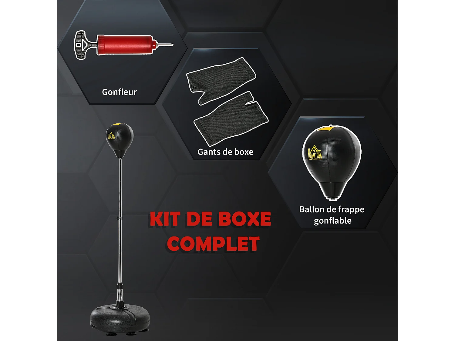 Punching ball sur pied hauteur réglable H.133 -151cm - ressort central, socle ventouses - accessoires - jaune noir