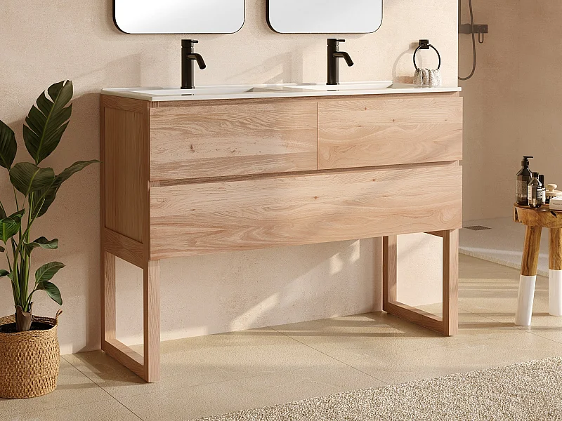 Unterschrank aus Massivholz Eiche mit Doppel-Einbauwaschbecken - Hell Natur - 120 cm - TARELO