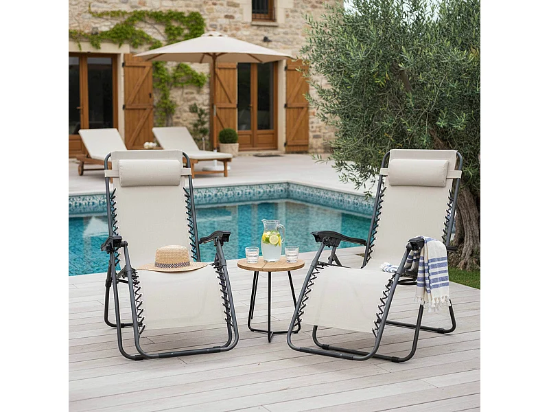 Lot de 2 fauteuils lounge inclinable en acier taupe